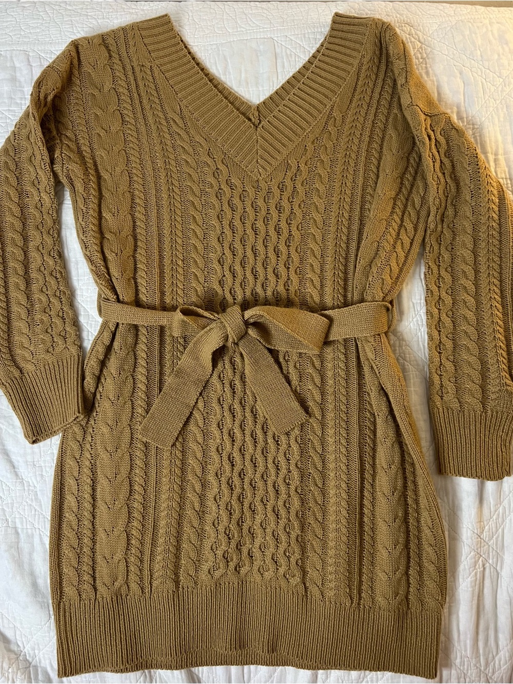 SHEIN Camel Cable Knit Sweater Dress with Tie Waist